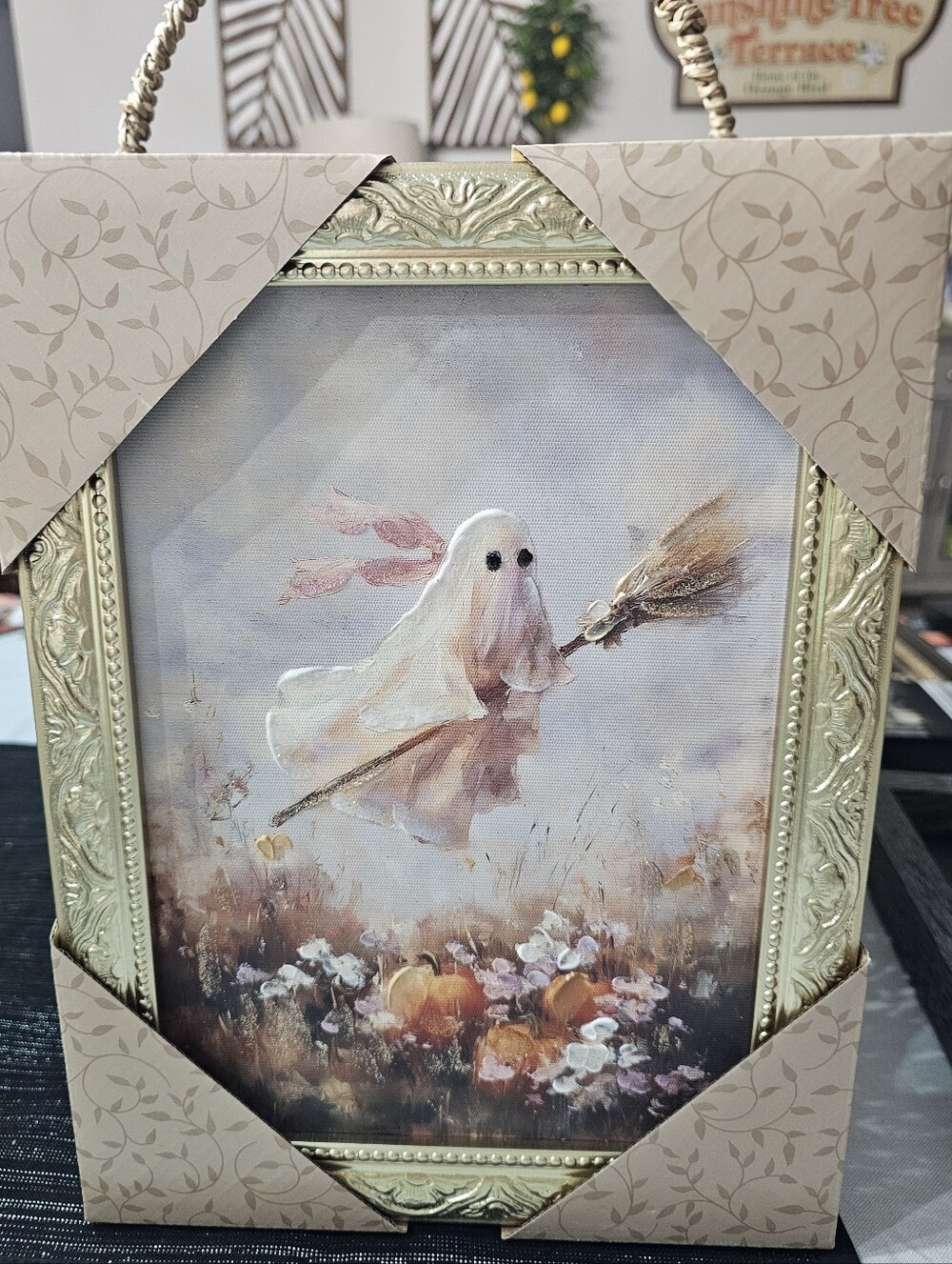 New! Halloween Framed Floral Ghost Canvas Wall Art 9"x12"